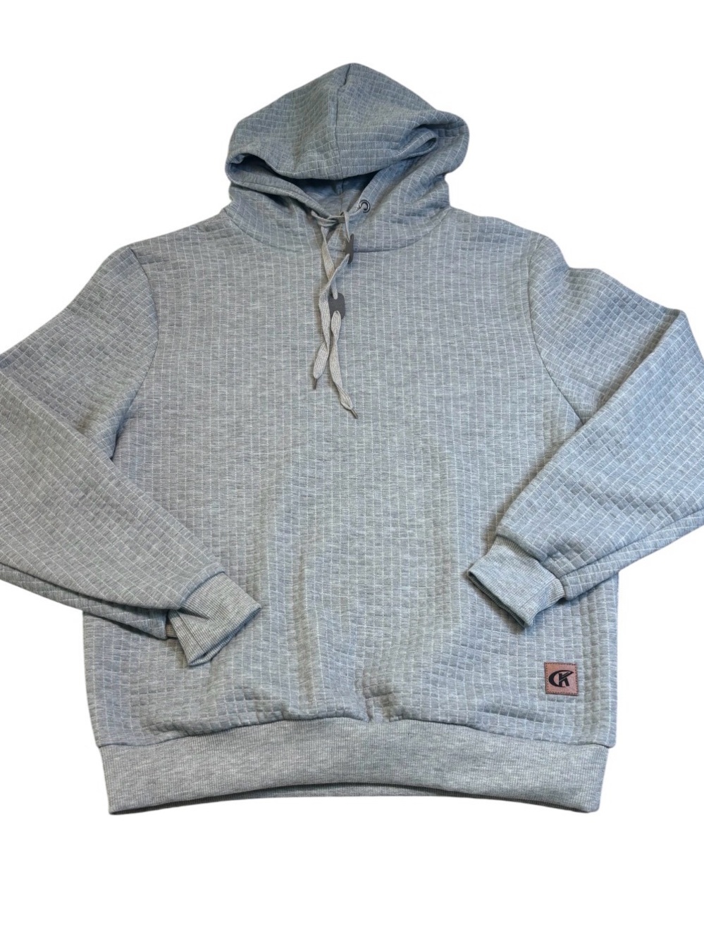 Men's Textured Quilted Hoodie Medium Gray Waffle Knit Jacquard Pullover